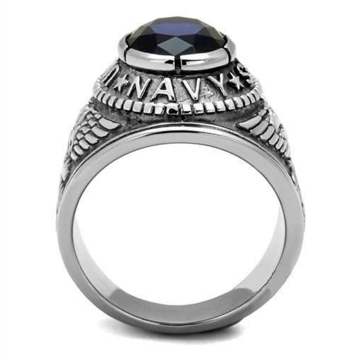 Men's US Navy Stainless Steel TK316 Blue Oval Crystal Ring
