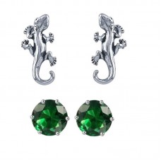 2PR002 Gecko Lizard and 4mm Green CZ Earrings 925 Sterling Silver