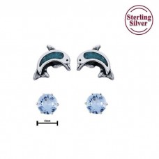 2PR001 Dolphin and 4mm Sky Blue CZ Earring Set 925 Sterling Silver