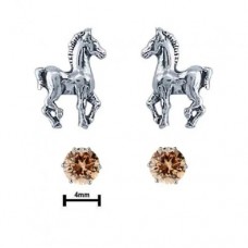2PR006 Horses and 4mm Champagne CZ Earring Set 925 Sterling Silver