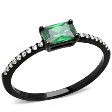 6x4mm Rectangular Cut Green CZ Black Plated Ring with Side Stones Stainless Steel