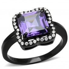 Square Cut Purple CZ Black Plated Stainless Steel Birthstone Ring
