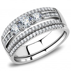 Triple Row Stainless Steel Wedding Engagement Ring Set Clear CZ