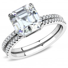 8.8mm Square Cut CZ Wedding Set Engagement Wedding Ring Stainless Steel