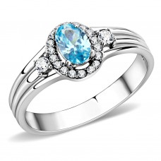6x4mm Sky Blue Oval Cut Halo Style Cocktail Ring Stainless Steel