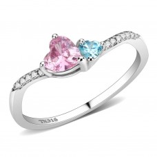 Stainless Steel Pink and Sky Blue CZ Hearts Ring