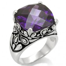 15x15mm Checker Cut Purple CZ Floral Theme Cocktail Birthstone Ring Stainless Steel