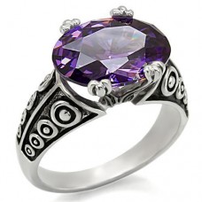 Stainless Steel Oval Cut Purple CZ Solitaire Cocktail Ring