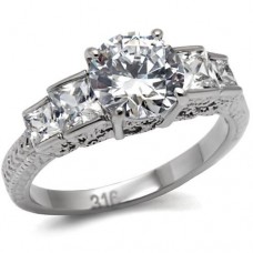 8mm Clear CZ Filigree Style Engagement Wedding Ring with Side Accents Stainless Steel