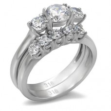 Stainless Steel Clear CZ Wedding Engagement Ring Set