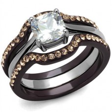 Two Tone Brown and High Polish Stainless Steel Clear CZ Wedding Engagement Ring Set