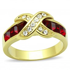 Gold Plated Stainless Steel Ring with Red and Clear Crystal