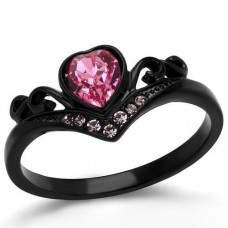 Black Plated Pink Crystal Heart Valentines Ring