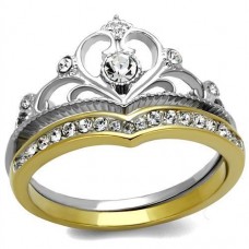 Two Tone Gold Plated and High Polish Stainless Steel Clear Crystal Crown Style Wedding Engagement Ring Set