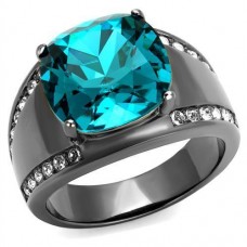 Gunmetal Plated Stainless Steel Teal Crystal Cocktail Ring