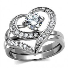 High Polish Stainless Steel Clear CZ Engagement Wedding Heart Shape Ring Set