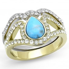 Two Tone IP Gold and High Polish Stainless Steel Wedding Set Simulated Turquoise