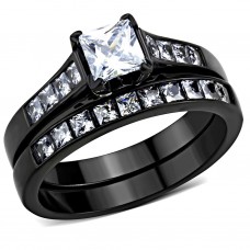 IP Black Plated Clear CZ Engagement Wedding Ring Set