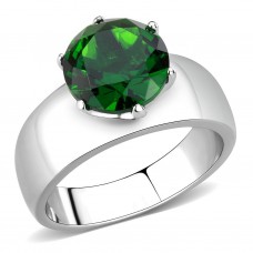 High Polish Stainless Steel Solitaire Ring with Green Crystal