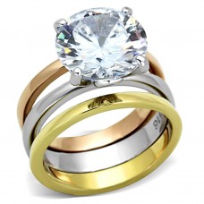 Three Tone Plated (Gold, Rose Gold, High Polished Stainless) Stainless Steel Engagement Wedding Ring Set