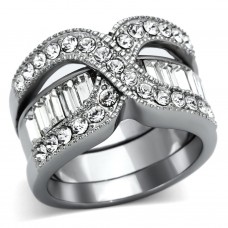 High Polish Stainless Steel Criss Cross Wedding Engagement Ring Set Clear Crystal