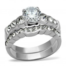 High Polish Stainless Steel Wedding Engagement Ring Set Clear CZ