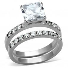 High Polish Stainless Steel Wedding Engagement Ring Set Clear CZ