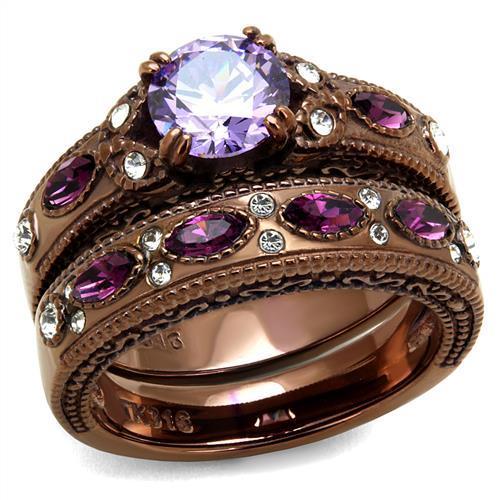 Two Tone Purple CZ Wedding Set Chocolate Plated Stainless Steel TK316