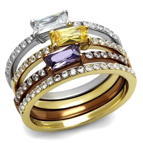 Chocolate Brown-Gold-Stainless Steel 4 Ring CZ Set TK316 - Picture 2 of 21