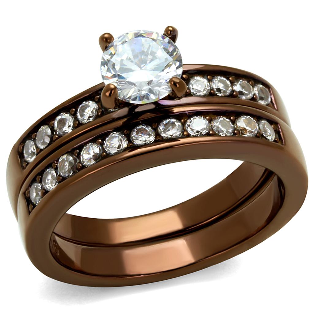 Round Cut Clear CZ Wedding Set LT Brown Plated Stainless Steel TK316
