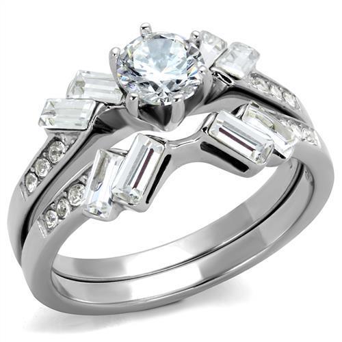 Round and Baguette Clear CZ Wedding Set Stainless Steel TK316-8023