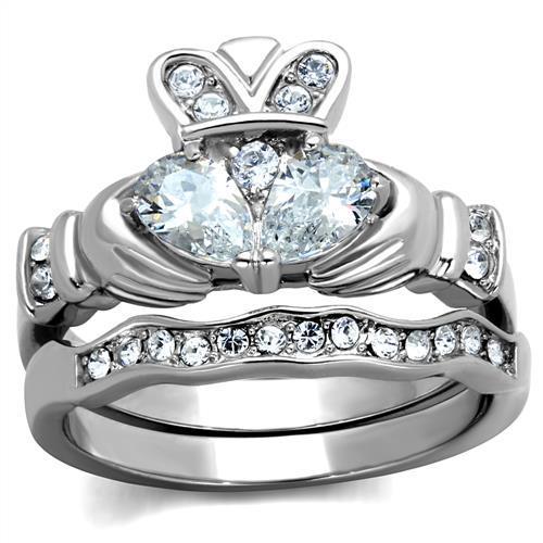 Clear CZ Claddagh Wedding Set Stainless Steel TK316